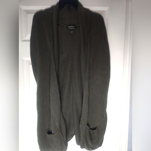 Eddie Bauer L Olive Green Knitted Pockets Shrtslvs Women’s Opened Cardigan Vest - Picture 1 of 12